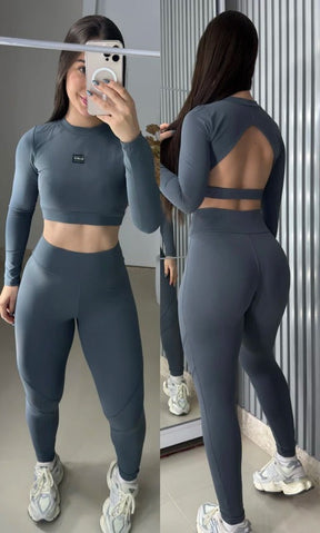 Conjunto Vitality de manga longa com legging no poliamida premium costas nuas
