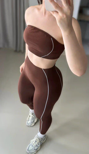 Conjunto de legging sem costura marrom top faixa