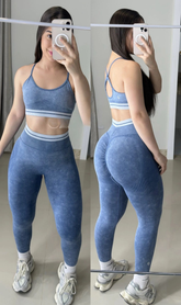 Conjunto de legging sem costura jeans fake