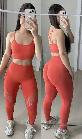 Conjunto de legging sem costura laranja com cortes a laser
