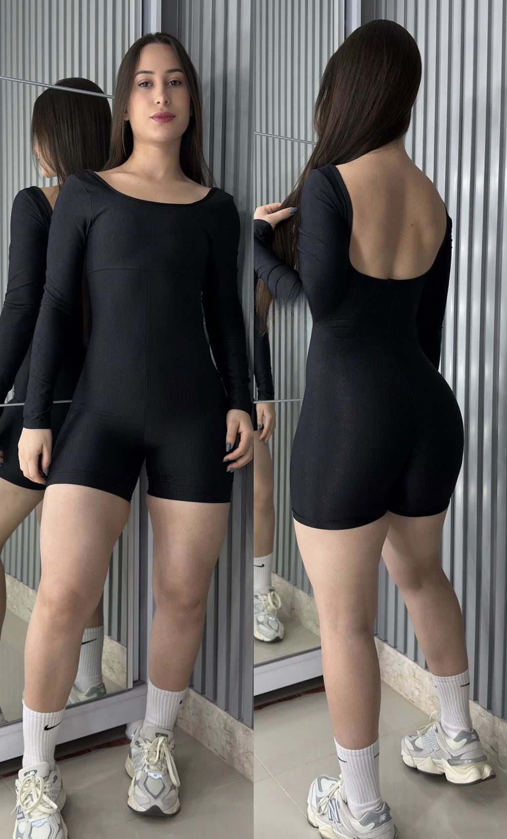 Macaquinho Shine manga longa poliamida aveludado