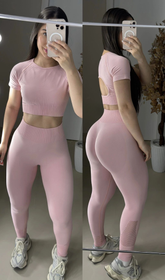 Conjunto de legging sem costura rosa bebê de manguinha