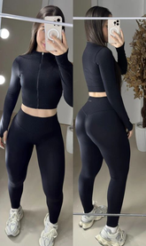 Conjunto de legging + jaqueta em zíper texturizado preto